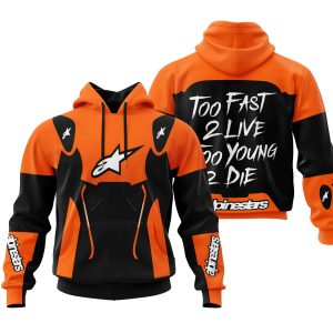 Custom name BraapGirls TOO FAST TO LIVE TOO YOUNG TO DIE – ALPINESTARS – ORANGE Alpinestars for motocross girls and dirt bike riders