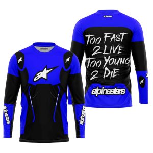 Custom name BraapGirls TOO FAST TO LIVE TOO YOUNG TO DIE – ALPINESTARS – BLUE Alpinestars for motocross girls and dirt bike riders - Alpinestars view 1