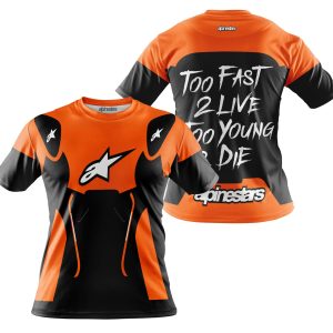 Custom name BraapGirls TOO FAST TO LIVE TOO YOUNG TO DIE – ALPINESTARS – ORANGE Alpinestars for motocross girls and dirt bike riders - Alpinestars view 3