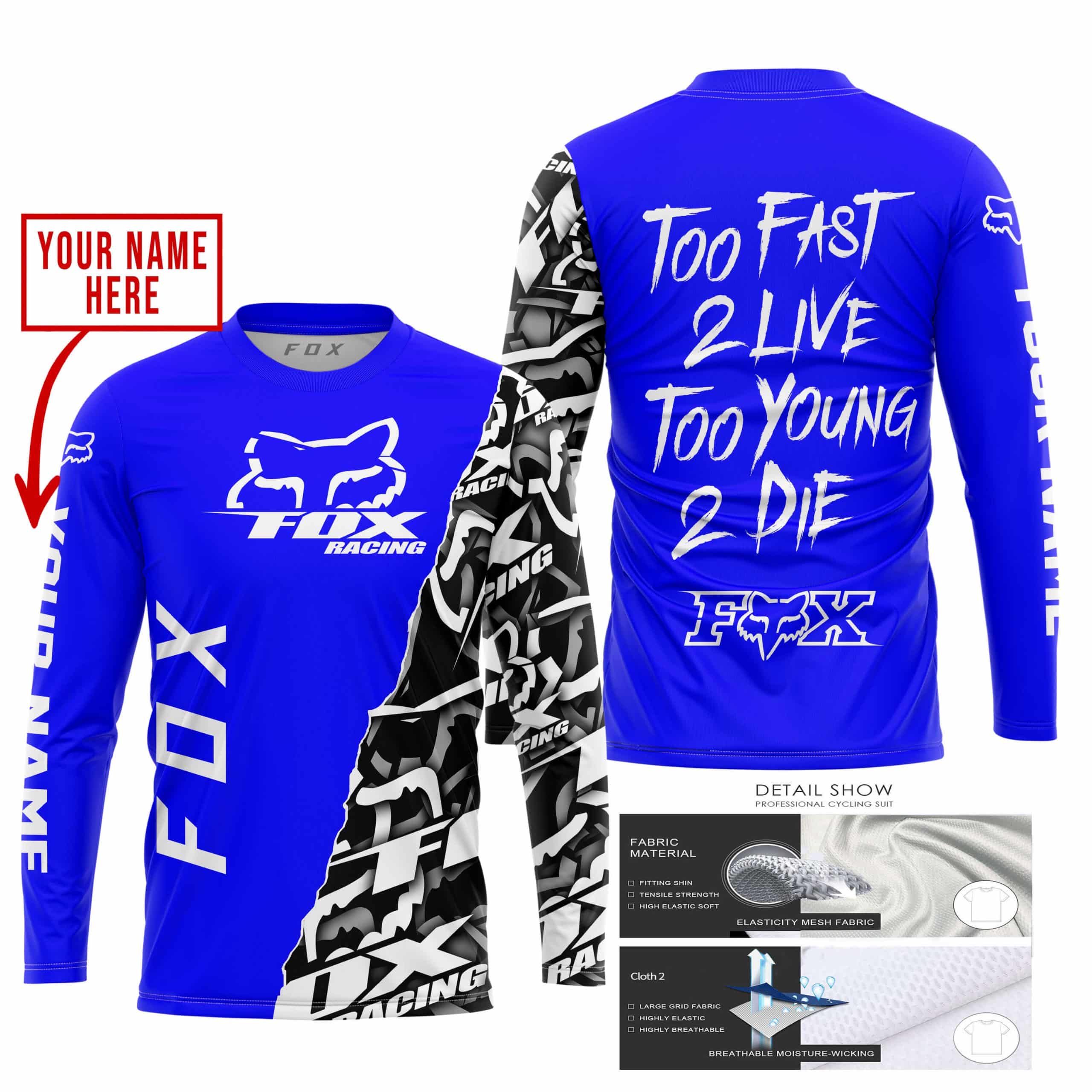 TOO FAST TO LIVE TOO YOUNG TO DIE - LIMITED EDITION - CUSTOM NAME - FOX RACING - BLUE view 4
