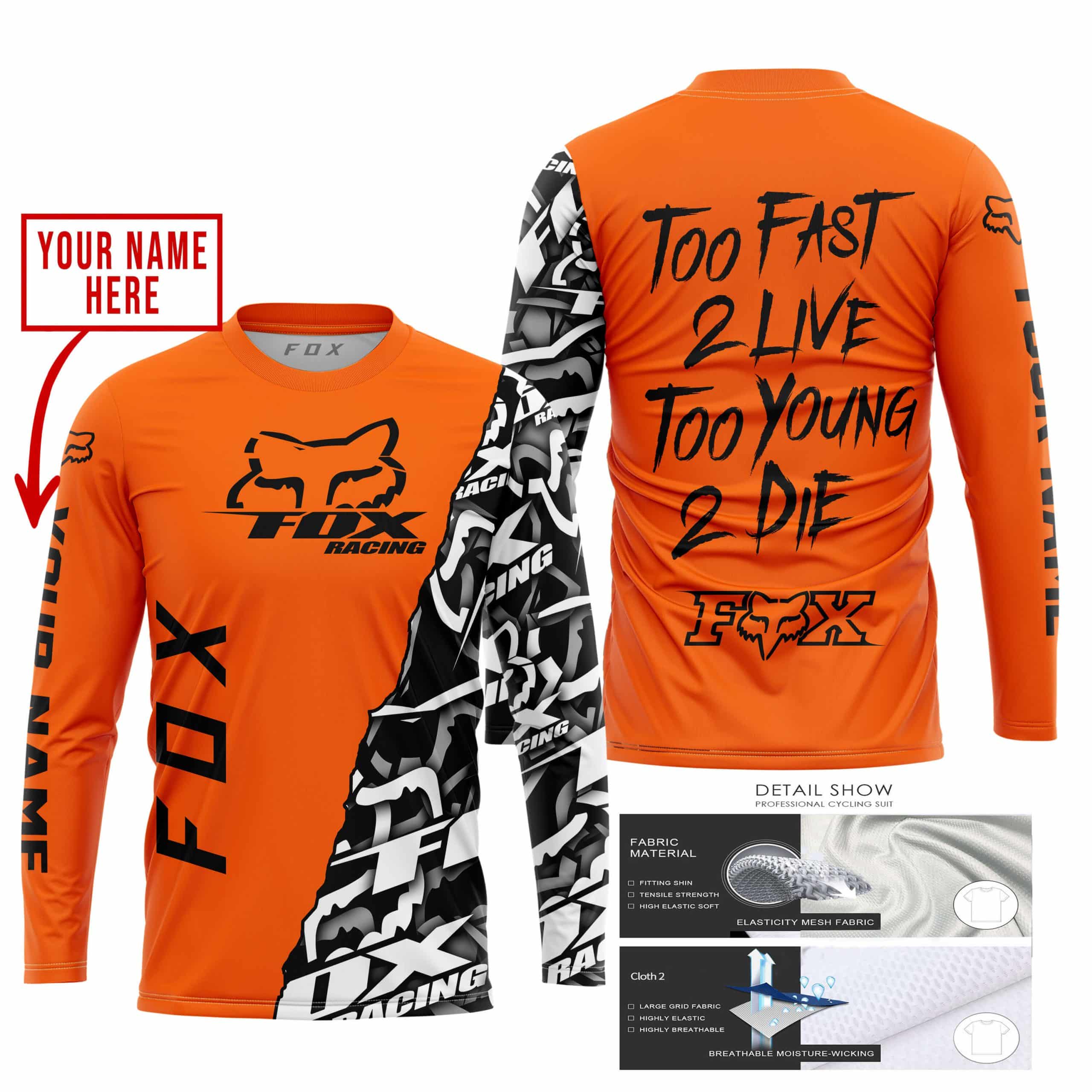 TOO FAST TO LIVE TOO YOUNG TO DIE - LIMITED EDITION - CUSTOM NAME - FOX RACING - ORANGE view 3