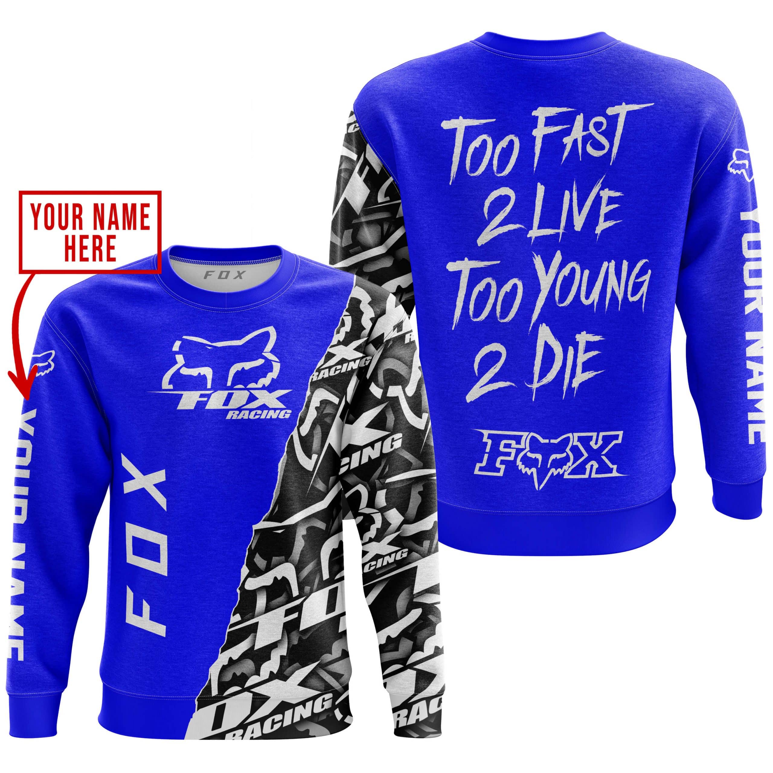 TOO FAST TO LIVE TOO YOUNG TO DIE - LIMITED EDITION - CUSTOM NAME - FOX RACING - BLUE view 3