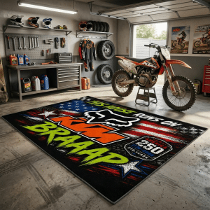 Custom name dirtbike Braap Rug – KTM Racing USA 250th Anniversary Brands for motocross girls and dirt bike riders - Brands view 1