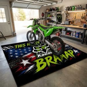 Custom name dirtbike Braap Rug – Kawasaki Racing USA 250th Anniversary Brands for motocross girls and dirt bike riders - Brands view 1