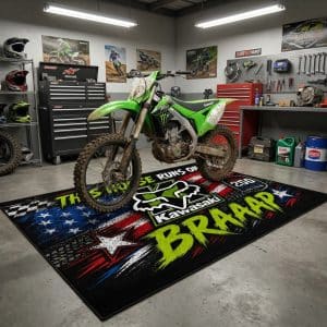 Custom name dirtbike Braap Rug – Kawasaki Racing USA 250th Anniversary Brands for motocross girls and dirt bike riders - Brands view 2