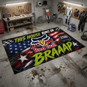 Custom name dirtbike Braap Rug – Red Bull Racing USA 250th Anniversary Red Bull for motocross girls and dirt bike riders - Red Bull view 1