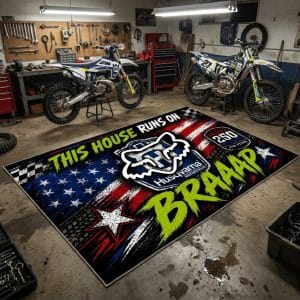 Custom name dirtbike Braap Rug – Husqrvana Racing USA 250th Anniversary Husqvarna for motocross girls and dirt bike riders - Husqvarna view 1