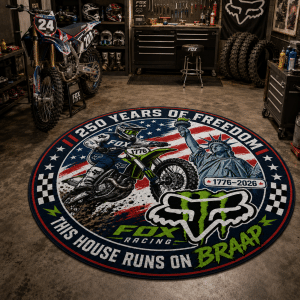Custom name 250 250 Years America Anniversary Round Rug Brands for motocross girls and dirt bike riders - Brands view 1
