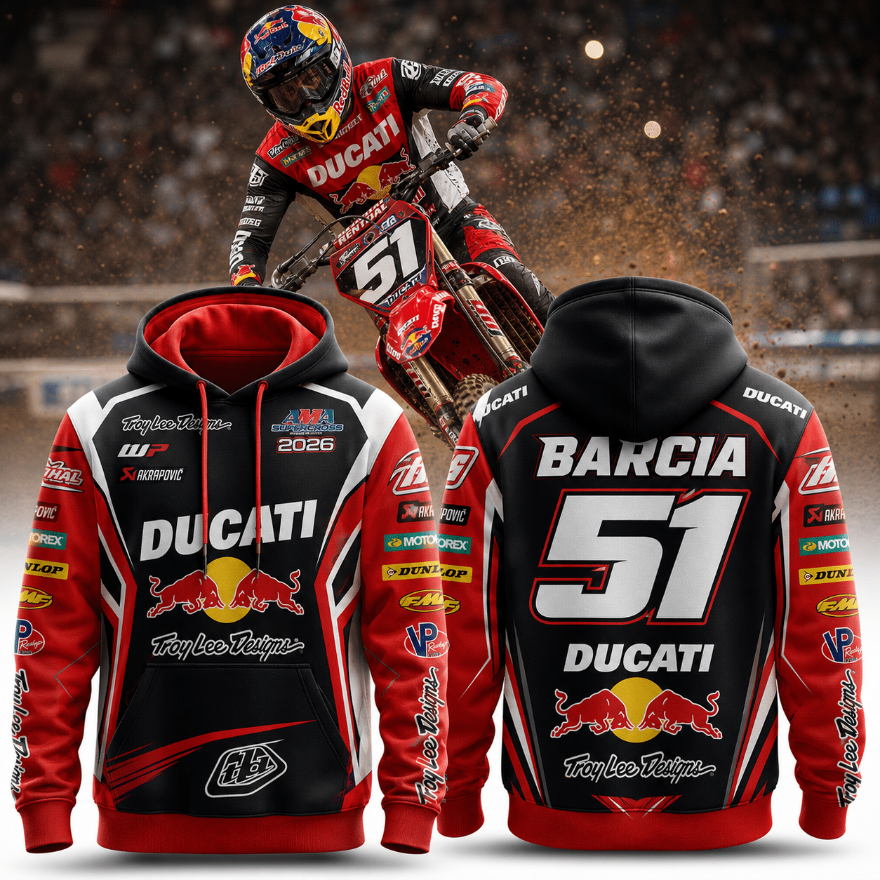 Justin Barcia Troy Lee Designs Red Bull Ducati Factory Racing AMA Supercross 2026 Premium Hoodie