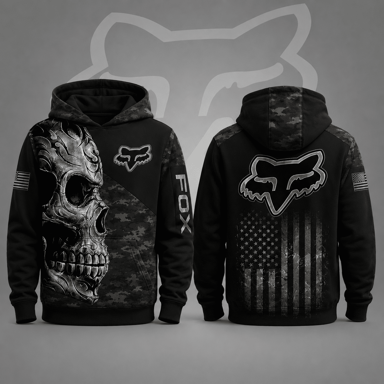 Fox Racing Hoodie – Skull American Flag Motocross Pullover X89