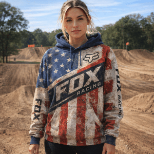 Custom name braapgirls Fox Racing American Flag Hoodie 250 Years of Freedom – Patriotic Motocross Hoodie for Men & Women X79 Fox Racing for motocross girls a...