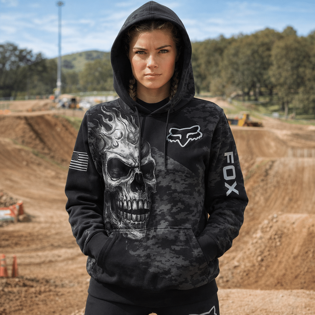 Fox Racing Hoodie – Skull American Flag Motocross Pullover X89 view 3